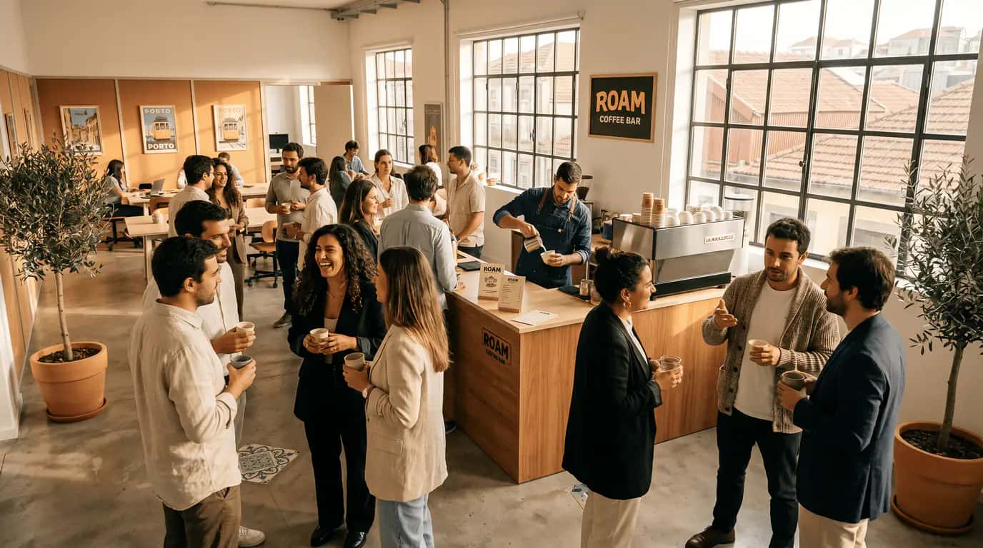 Coffee break Roam para pequeno grupo profissional em escritório no Porto