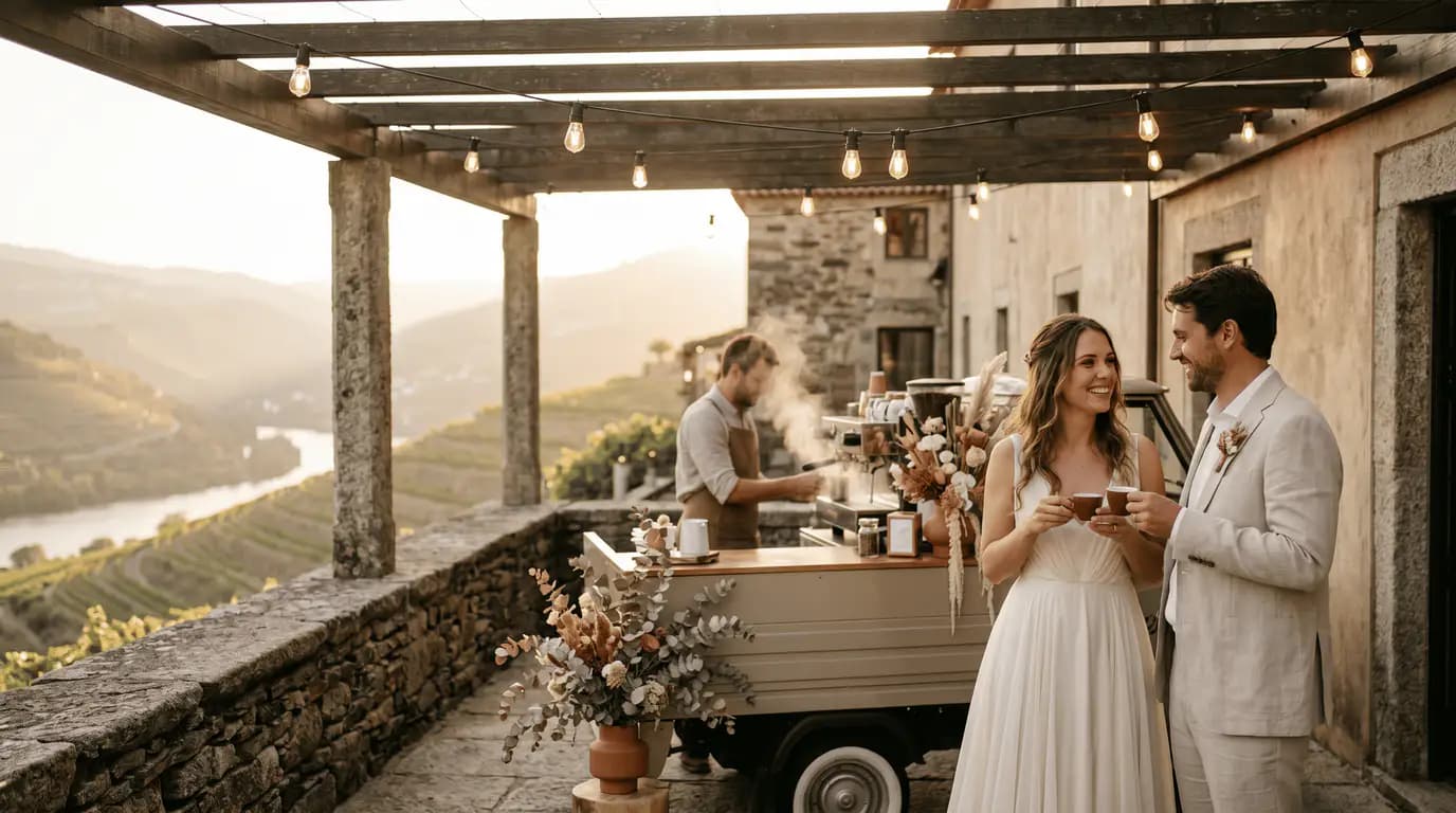 Noivos a brindar com café Roam numa quinta no Douro ao pôr do sol