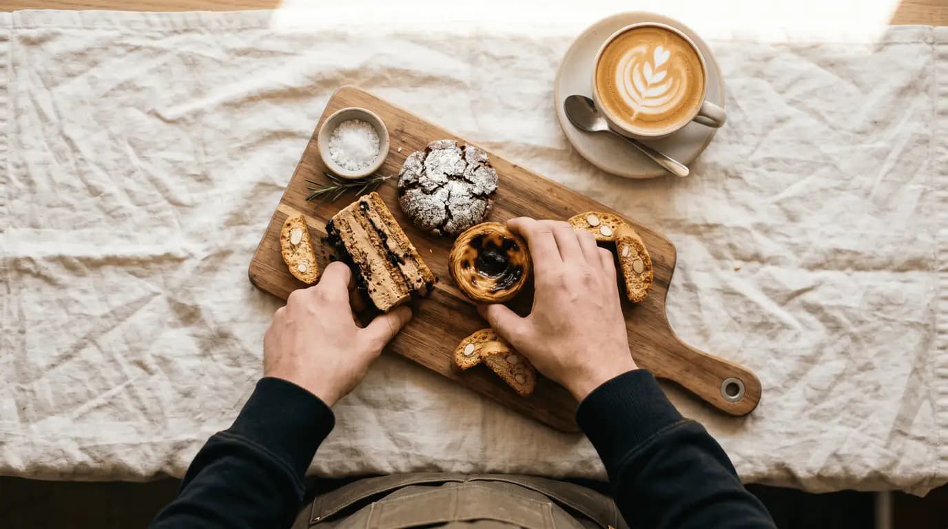 Tábua de doces portugueses servidos num coffee break Roam — pastéis, biscotti, cappuccino