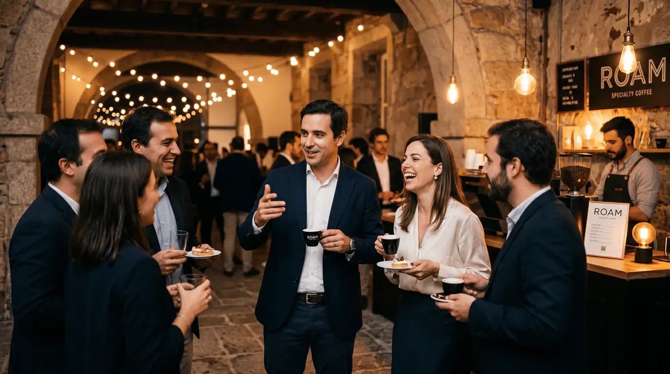 Profissionais a conviver num evento corporativo no Porto com Roam Specialty Coffee