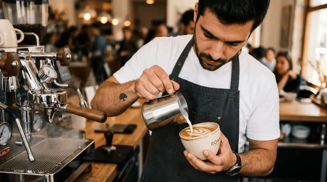 Barista Roam Coffee Bar a verter latte art em chávena branded Roam ao lado da máquina espresso profissional