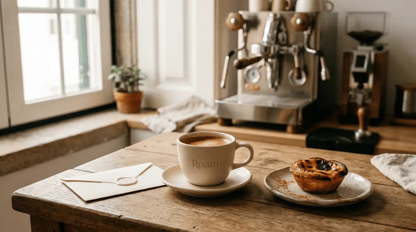 Chávena Roam com espresso, pastel de nata e envelope de orçamento — preços coffee break Portugal