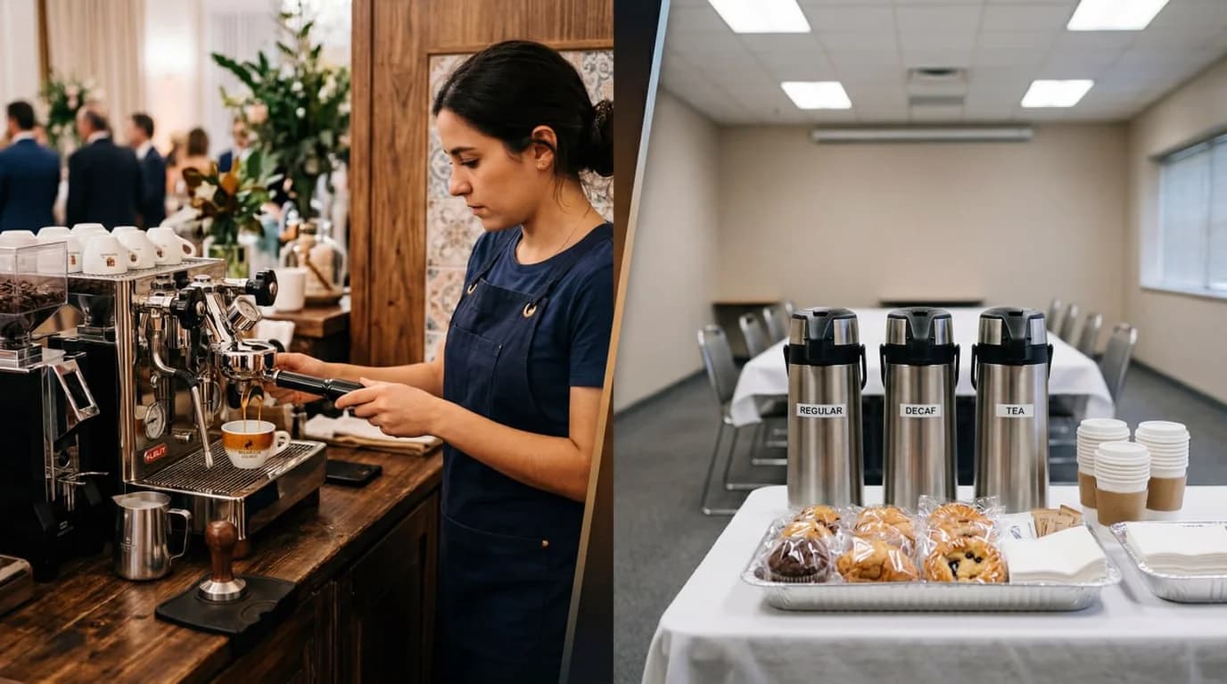 Coffee bar móvel Roam com barista ao vivo lado a lado com termos de coffee break delivery — comparativo