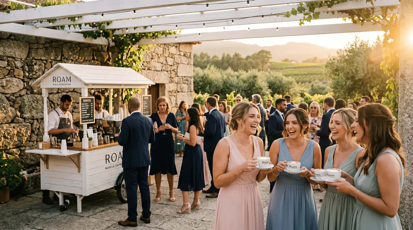 Damas-de-honor a brindar com café Roam num casamento sob pérgula numa quinta em Portugal