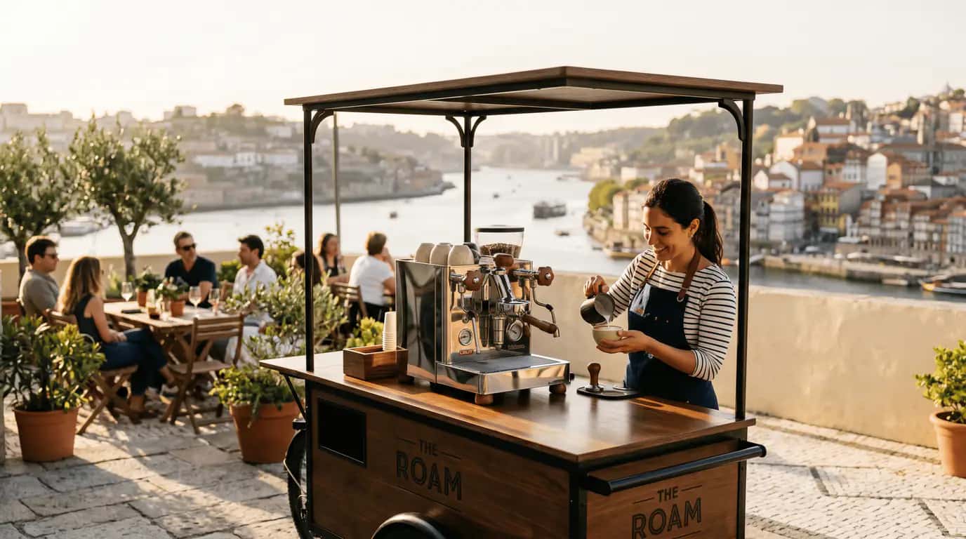 Carrinho Roam Coffee Bar com vista do Norte de Portugal, coffee break em Aveiro