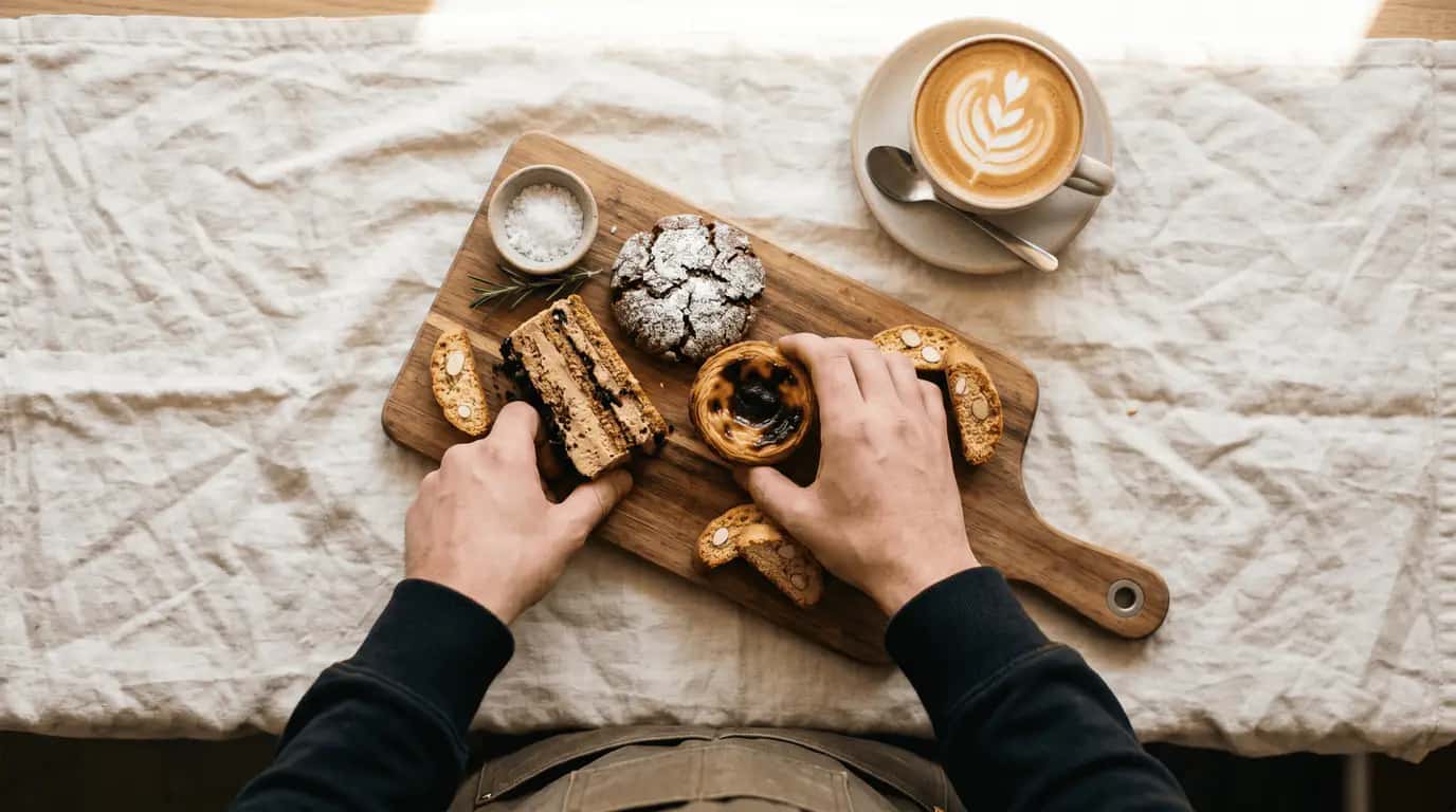 Tábua de doces portugueses servidos num coffee break Roam, pastéis, biscotti, cappuccino