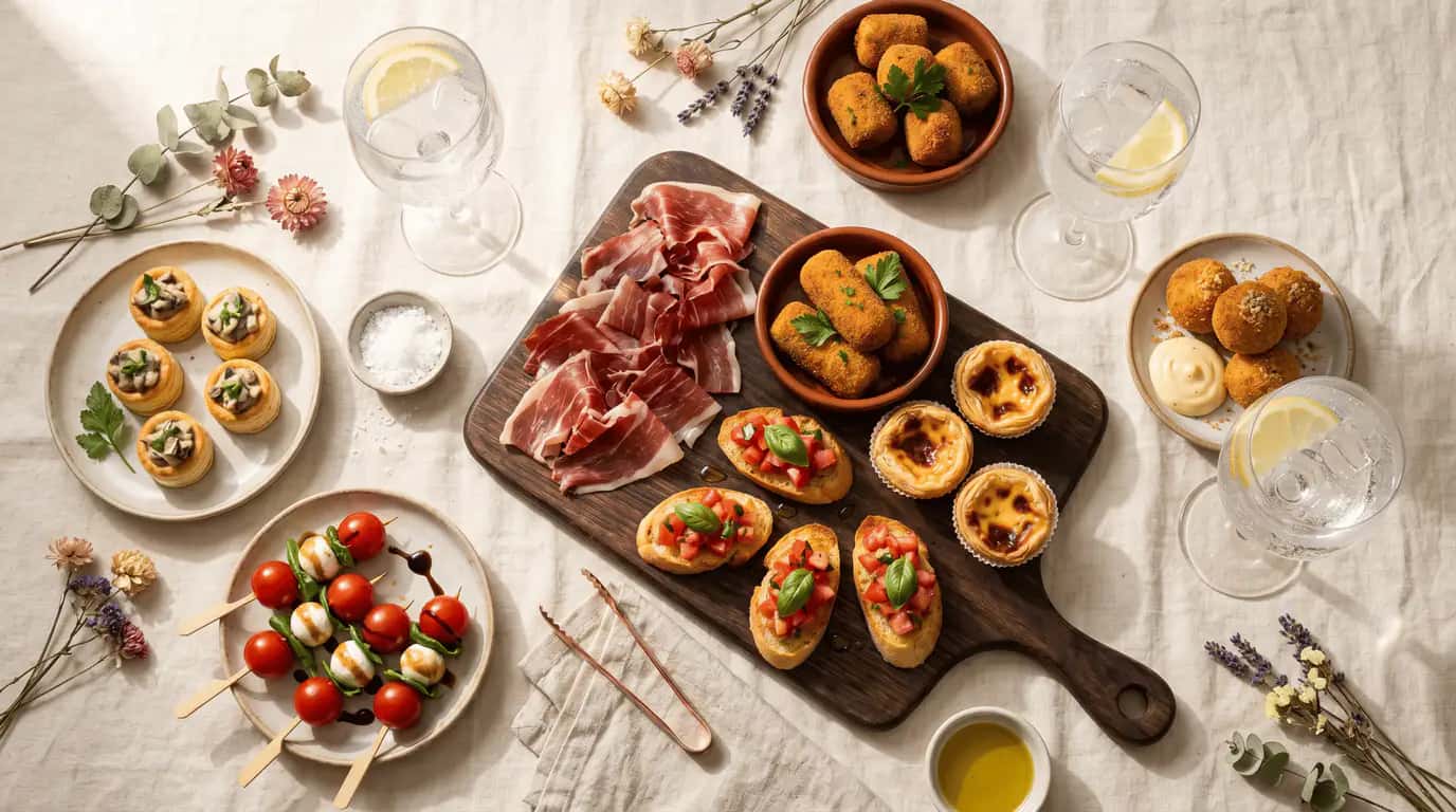 Tábua de finger food para eventos em Portugal, com pastéis de nata, croquetes, bruschetta e prosciutto