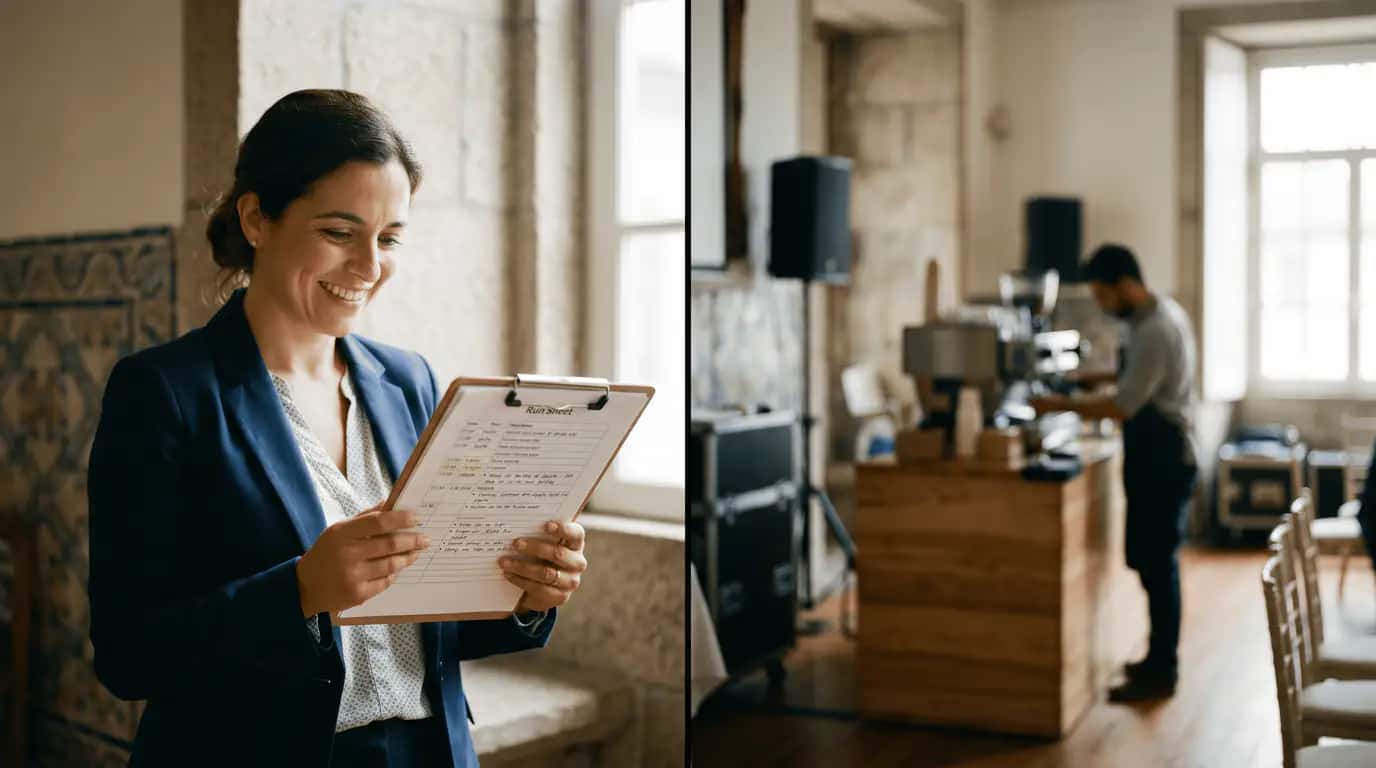 Event planner com run-sheet ao lado do barista a montar o espresso bar Roam num evento no Porto