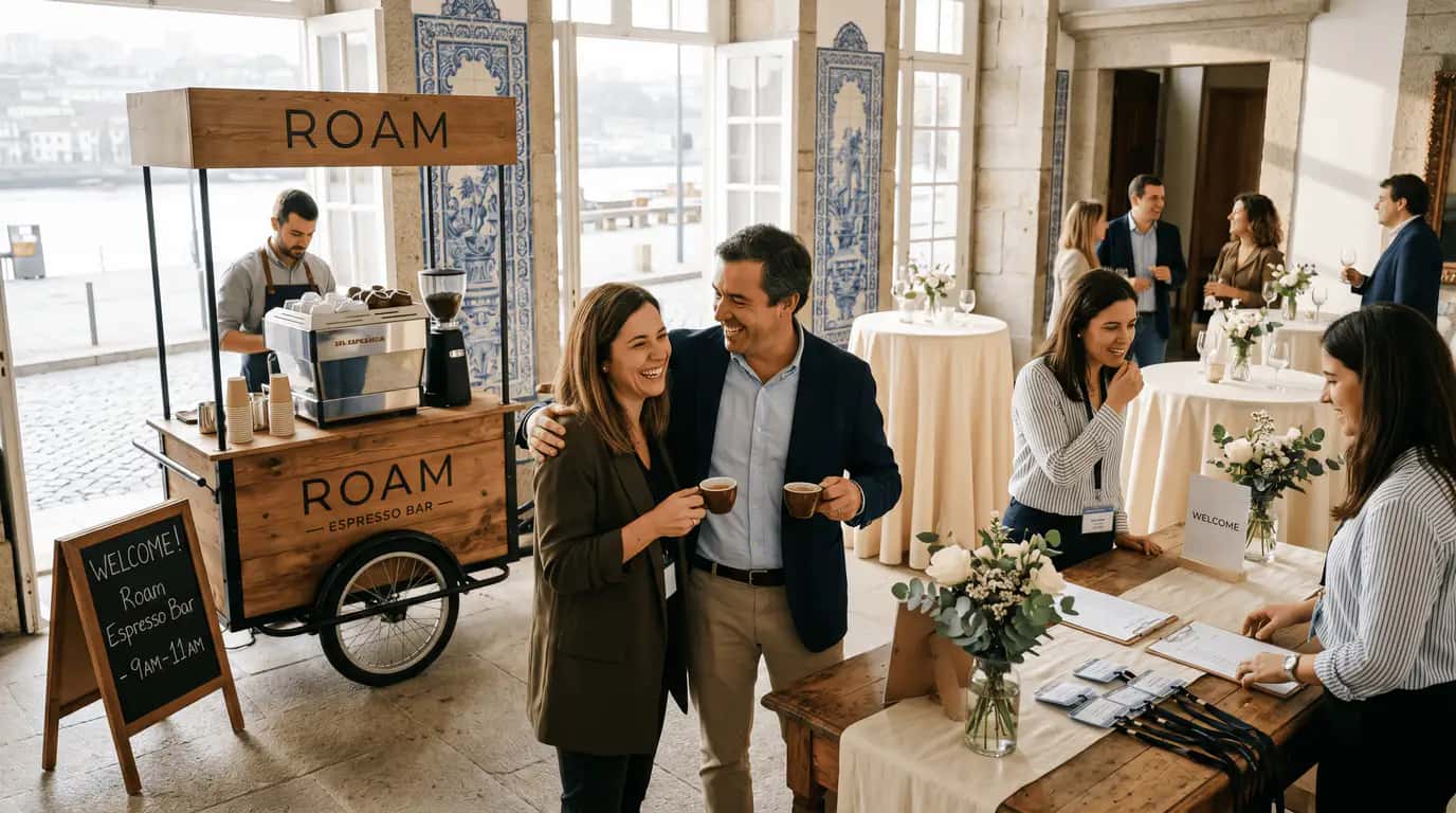 Convidados a serem recebidos com welcome coffee Roam num evento no Porto com azulejos